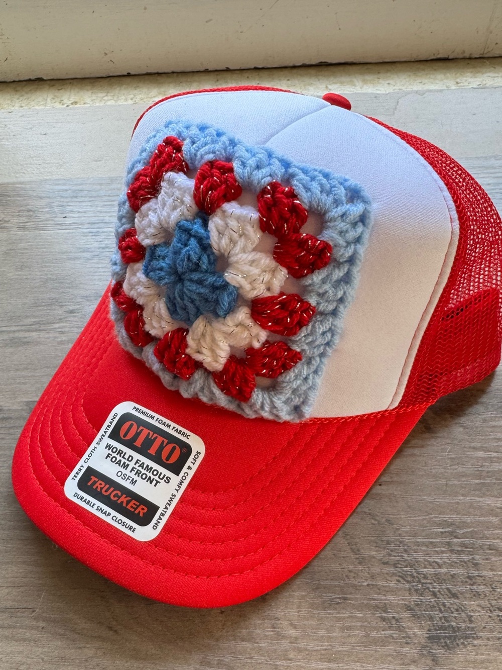OTTO Red White Trucker Hat with Handmade Crochet Granny Square Patch NWT